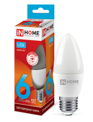Лампа светодиодная LED-СВЕЧА-VC 6Вт 230В Е27 4000К 570Лм IN HOME Лампа светодиодная LED-СВЕЧА-VC 6Вт 230В Е27 4000К 570Лм IN HOME